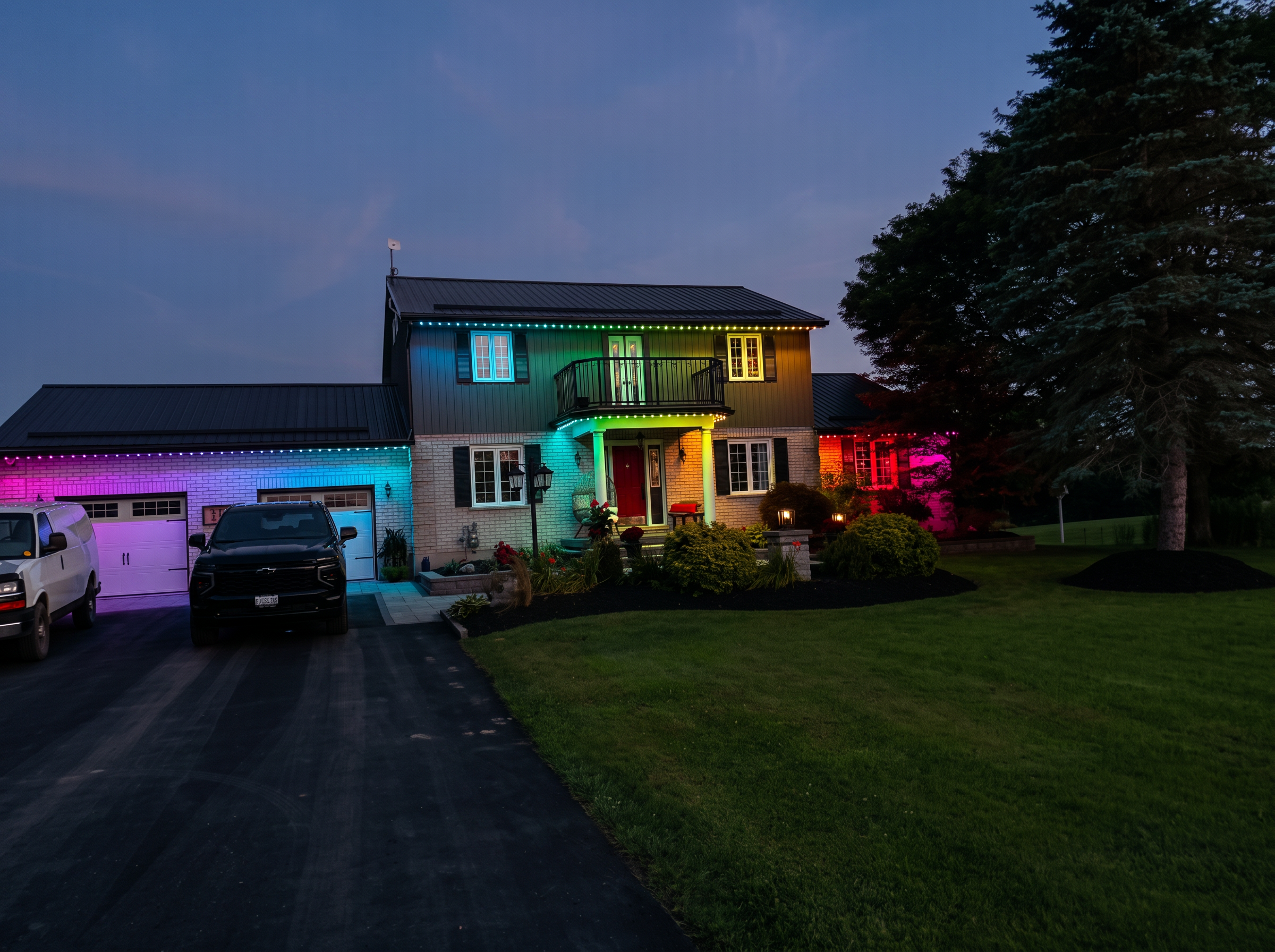 Same home at night lit in full rainbow colour with permanent LEDs