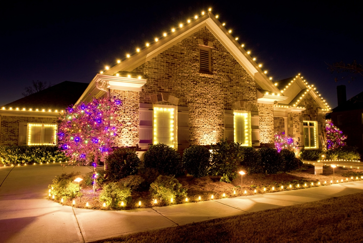 Warm Wishes seasonal Christmas light display on a two-storey Ontario home with C9 roofline bulbs and decorated shrubs